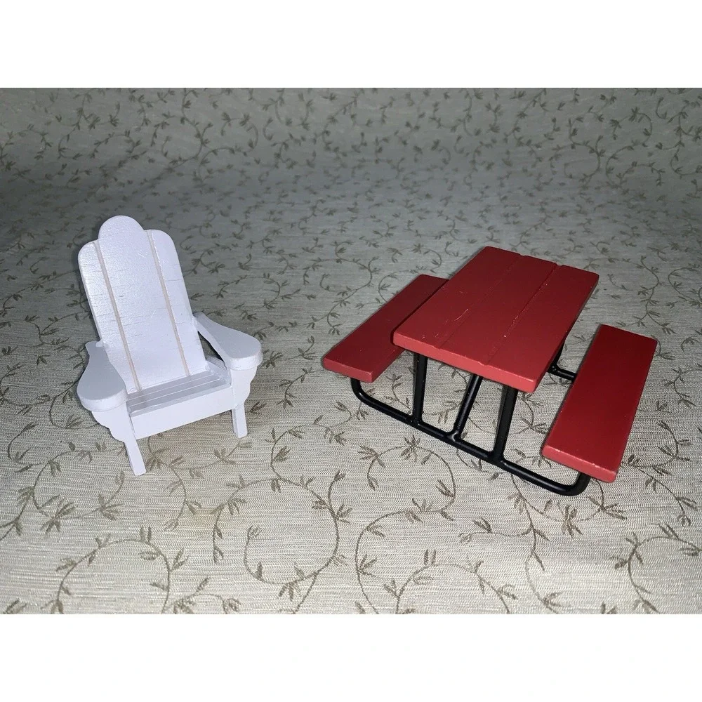Dollhouse Picnic Furniture Outdoor Red Wood Picnic Table, Adironback Wood Chair